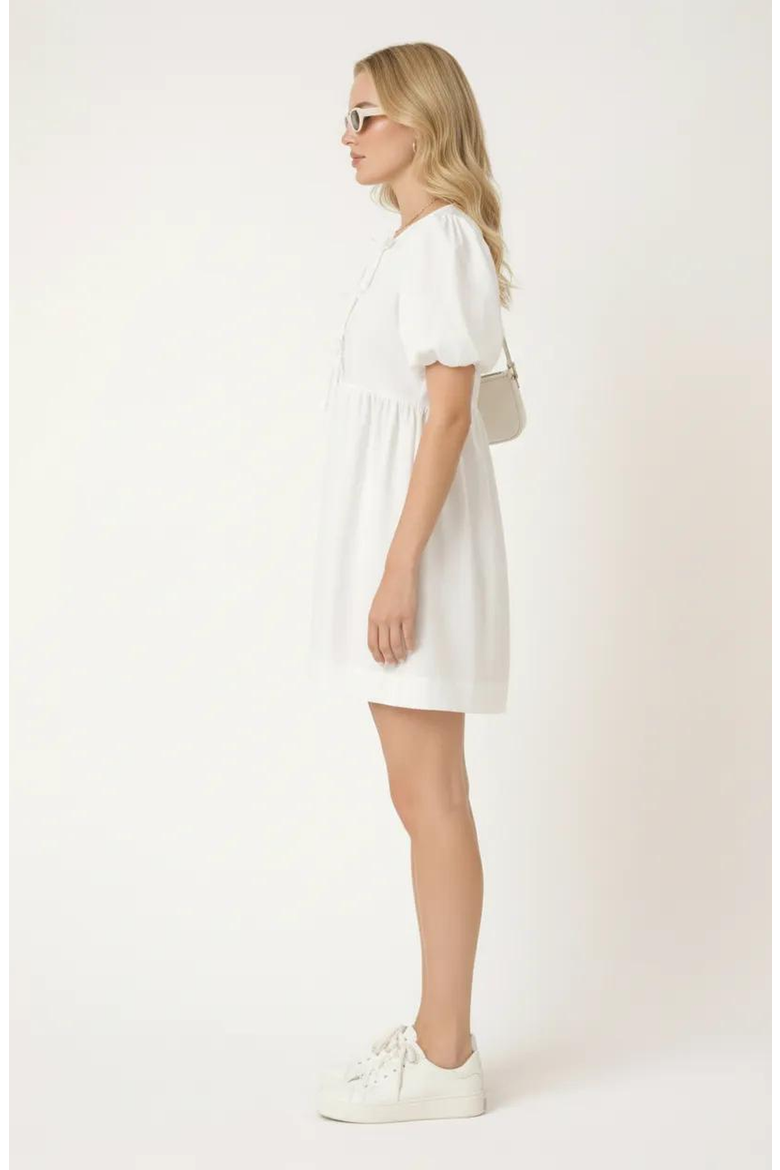 Puff Sleeve Mini Dress with Keyhole Front and Bow Tie Detail, Alternate, color, White