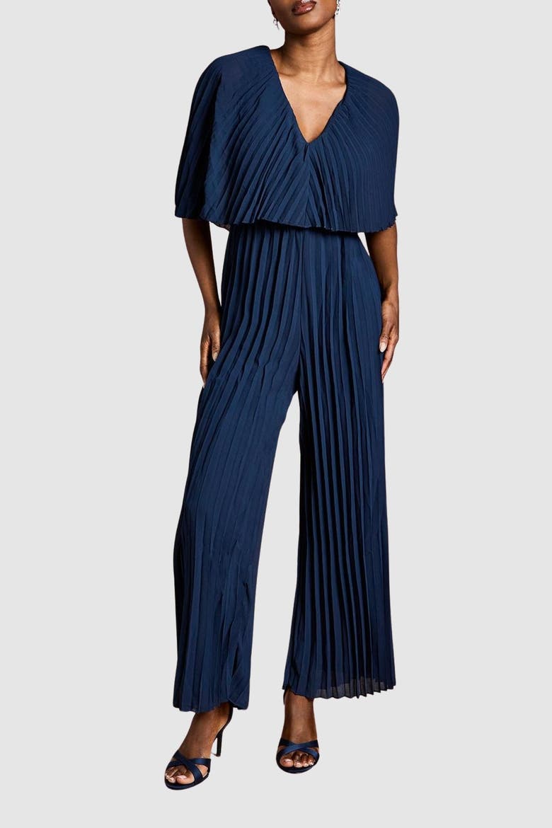 Pleated Wrap Front Georgette Jumpsuit, Alternate, color, Navy