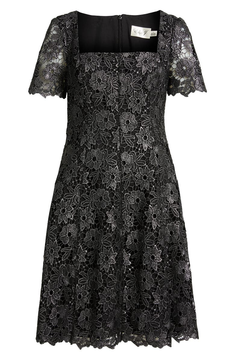 Eliza J Floral Lace Short Sleeve Fit & Flare Dress, Alternate, color, Black Silver