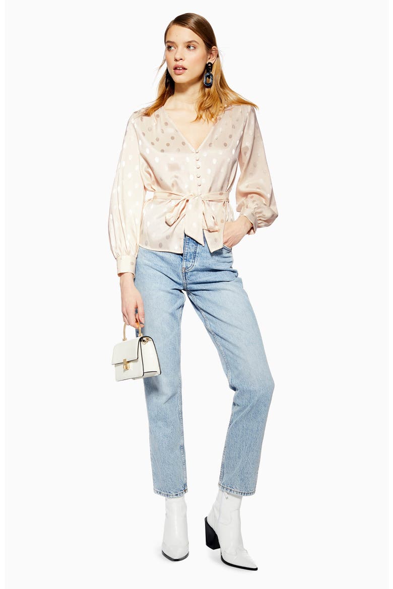 Spot Jacquard Belted Top, Alternate, color, IVORY