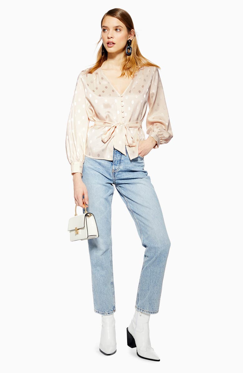 Topshop Spot Jacquard Belted Top, Alternate, color,