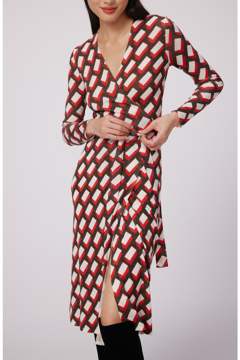 Luella Geo Print Long Sleeve Merino Wool Blend Wrap Dress, Alternate, color, BLOCKS RED MED