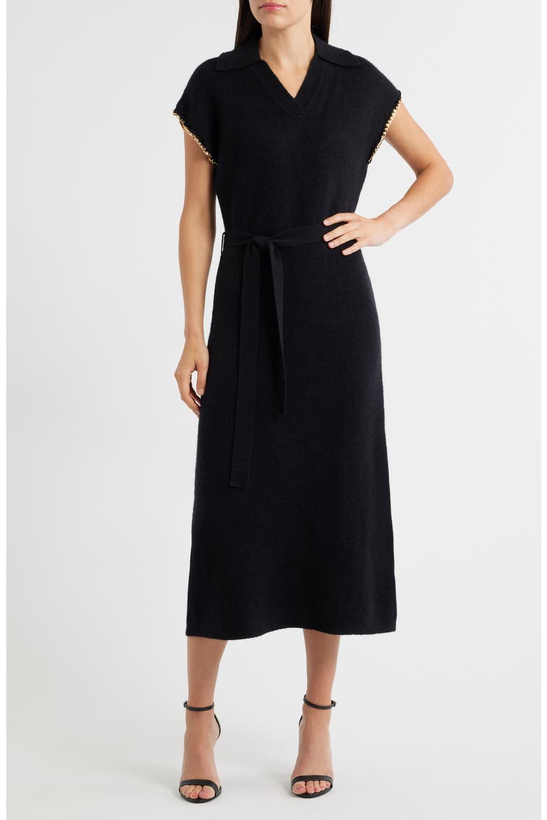 Chain Trim Tie Belt Midi Dress, Main, color, BLACK