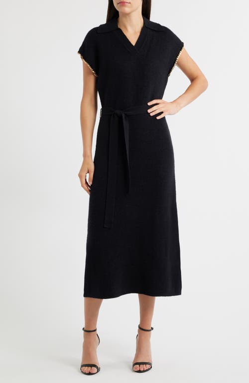 Zoe And Claire Chain Trim Tie Belt Midi Dress In Black