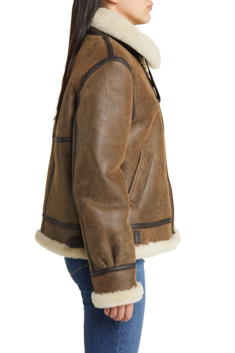 Genuine Shearling & Leather Bomber Jacket, Alternate, color, BROWN