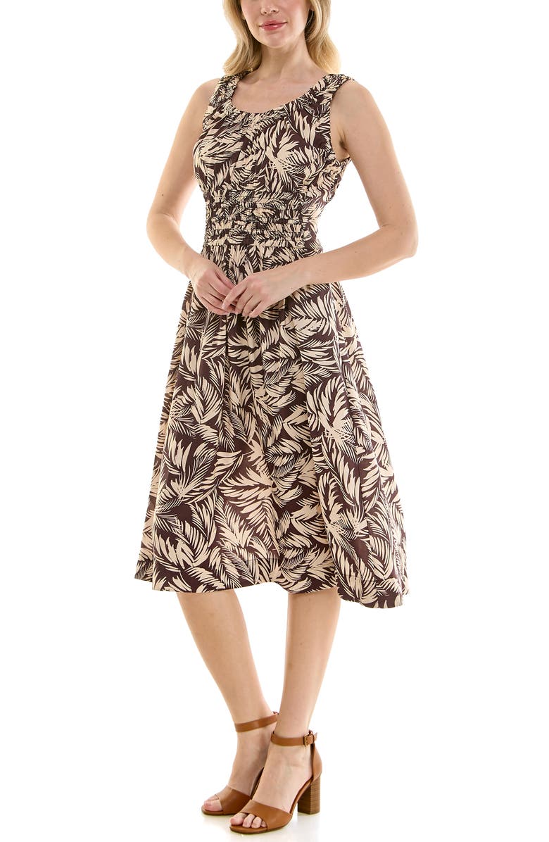 Nicole Miller Painted Palms Smocked Tank Dress, Alternate, color, Painted Palms Coffee Bean