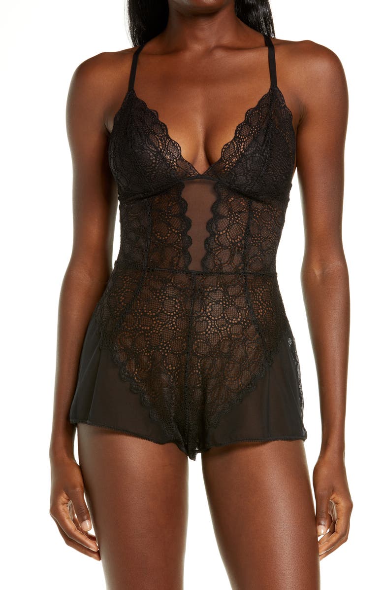 DKNY Mixed Cases Lace & Mesh Romper, Main, color, 