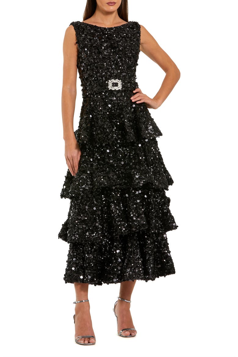 Sleeveless Sequin Ruffle Midi Dress With Belt, Main, color, Black