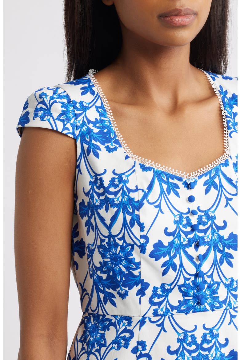 Floral Print Cap Sleeve Midi Dress, Alternate, color, PALACE BLUE/ PEARL WHIT