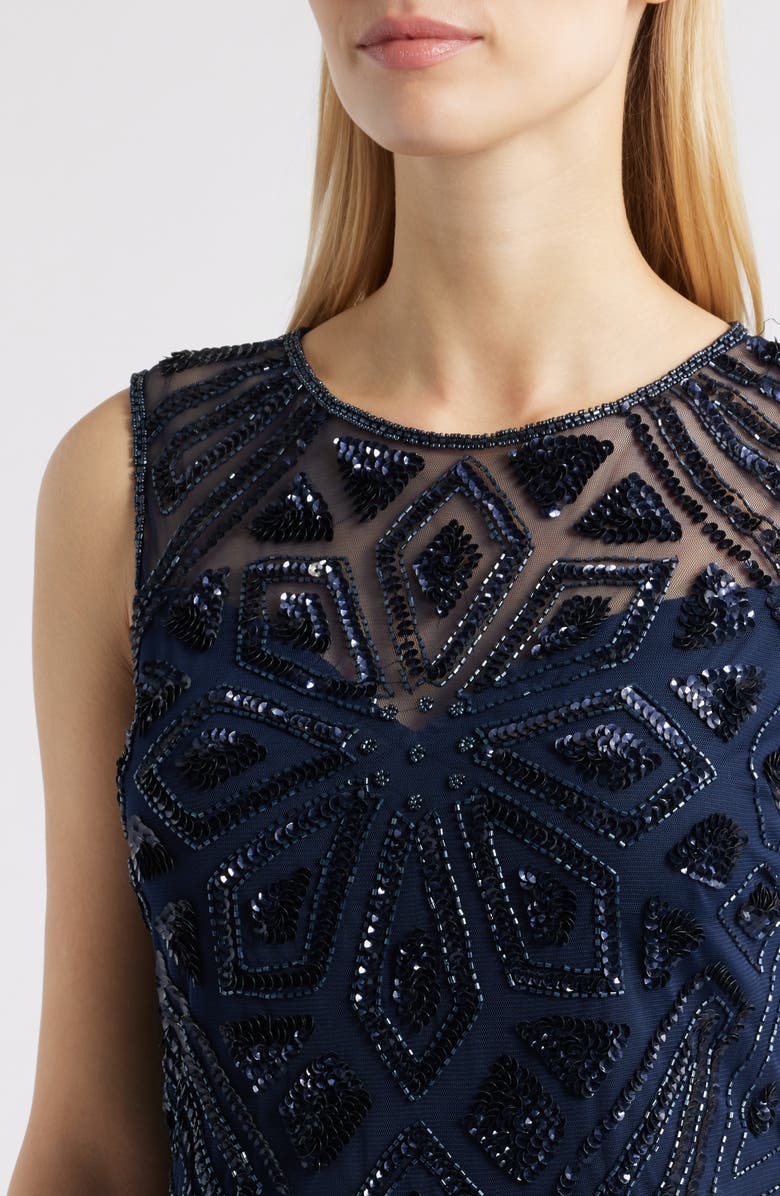 Pisarro Nights Geometric Beaded Sleeveless Gown, Alternate, color, Navy