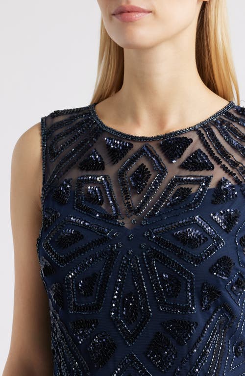 Pisarro Nights Geometric Beaded Sleeveless Gown In Navy