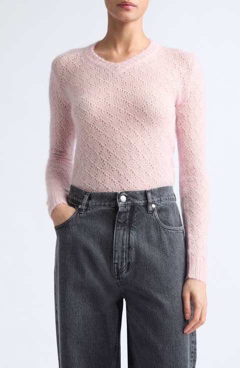 Slim Fit Open Stitch Mohair & Silk V-Neck Sweater