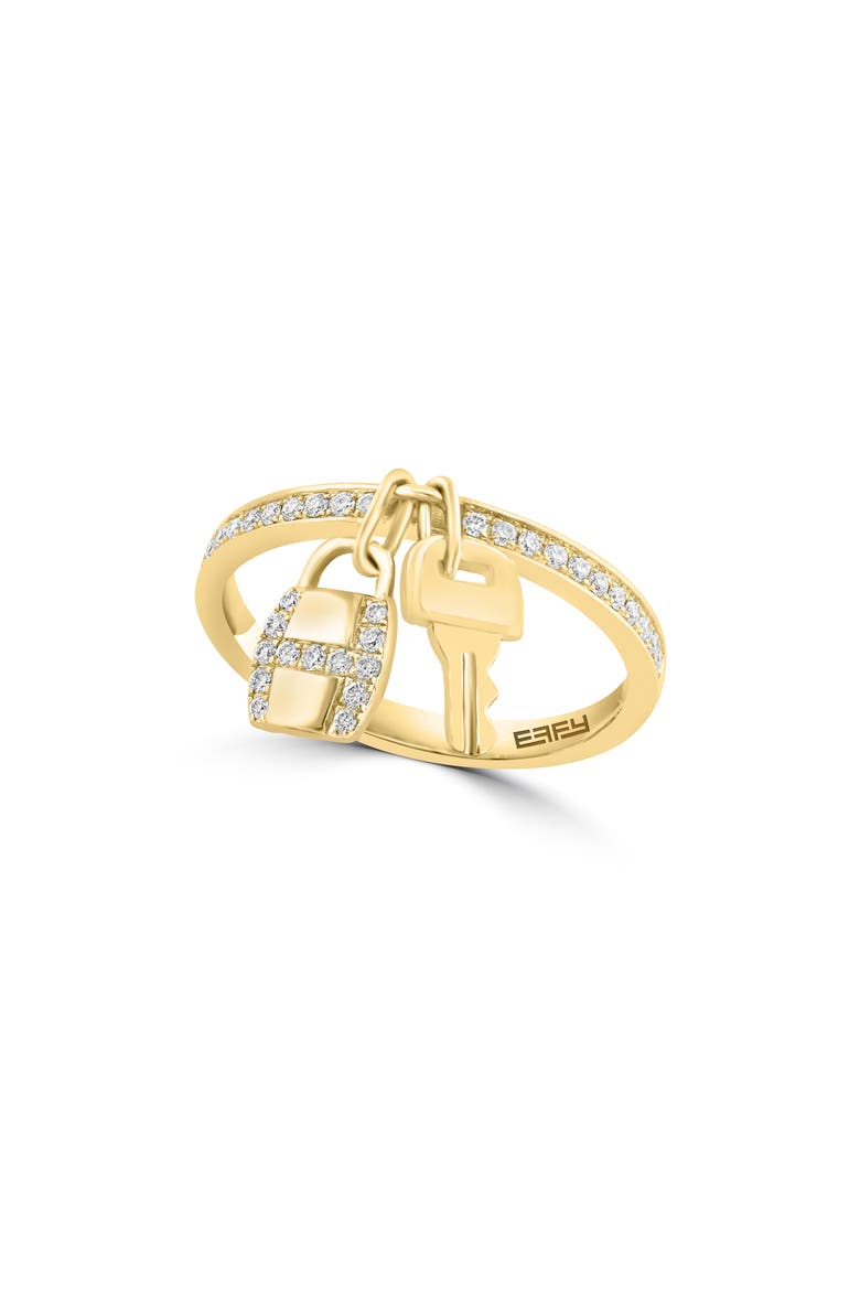 14K Yellow Gold Diamond Lock & Key Charm Ring - 0.20ct., Main, color, YELLOW GOLD