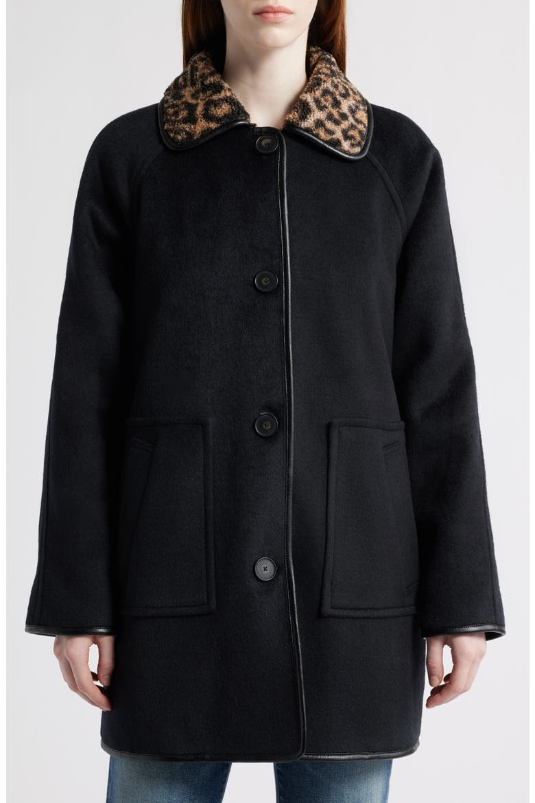 Leopard Print Collar Felt Coat, Main, color, BLACK / LEOPARD PRINT