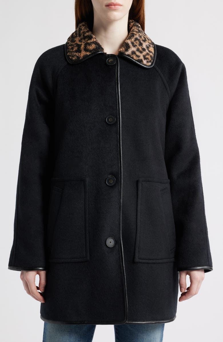 Bernardo Leopard Print Collar Felt Coat, Main, color, Black / Leopard Print