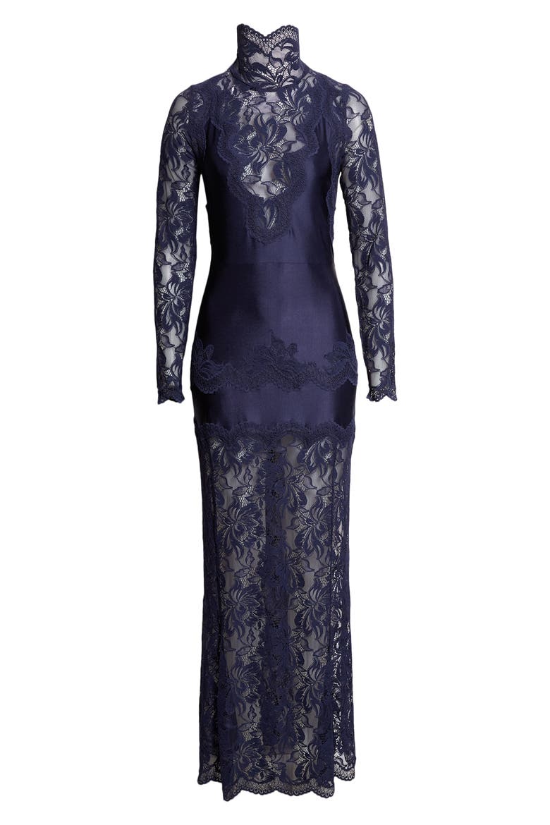 Long Sleeve Lace & Jersey Turtleneck Dress, Main, color, DEEP NAVY