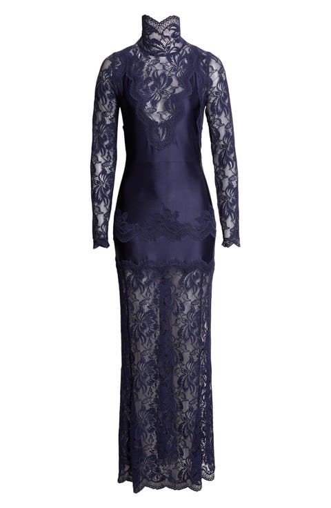 Long Sleeve Lace & Jersey Turtleneck Dress
