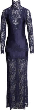 Rabanne Long Sleeve Lace & Jersey Turtleneck Dress