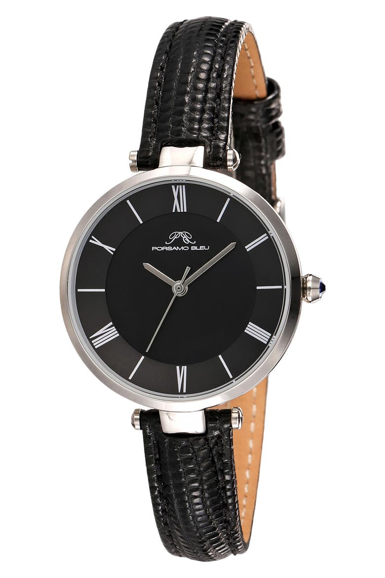 Bellevue Leather Strap Watch, 32mm, Main, color, BLACK SILVER TONE