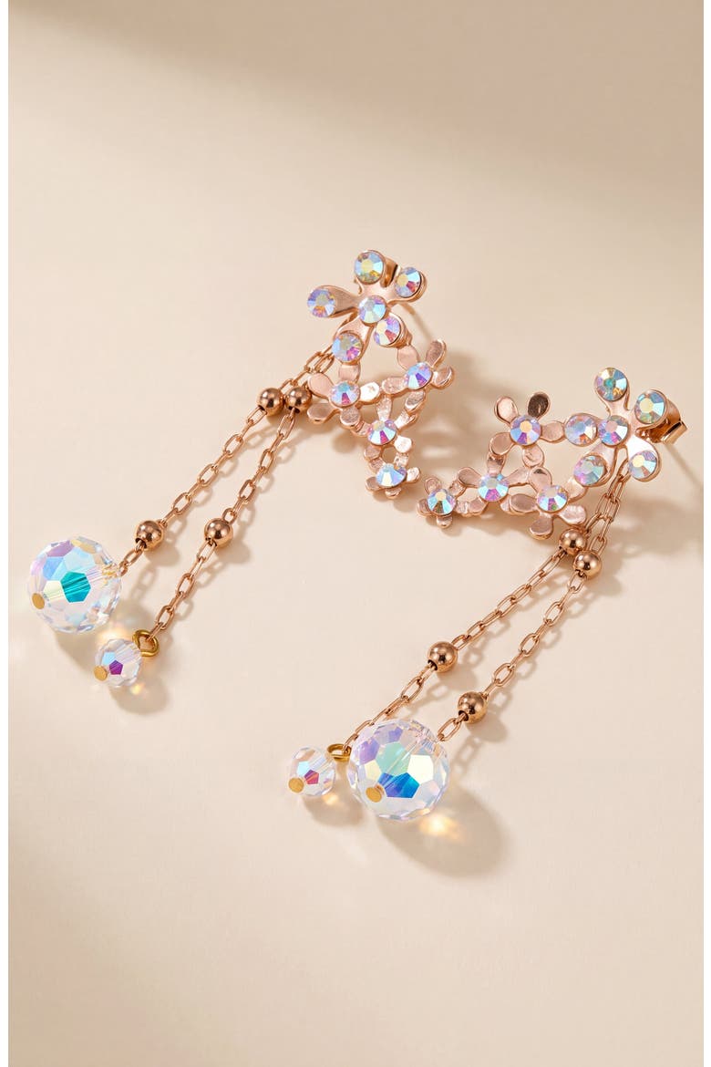 Crystal Flower Drop Earrings with Dangle Chains, Alternate, color, Rose Gold