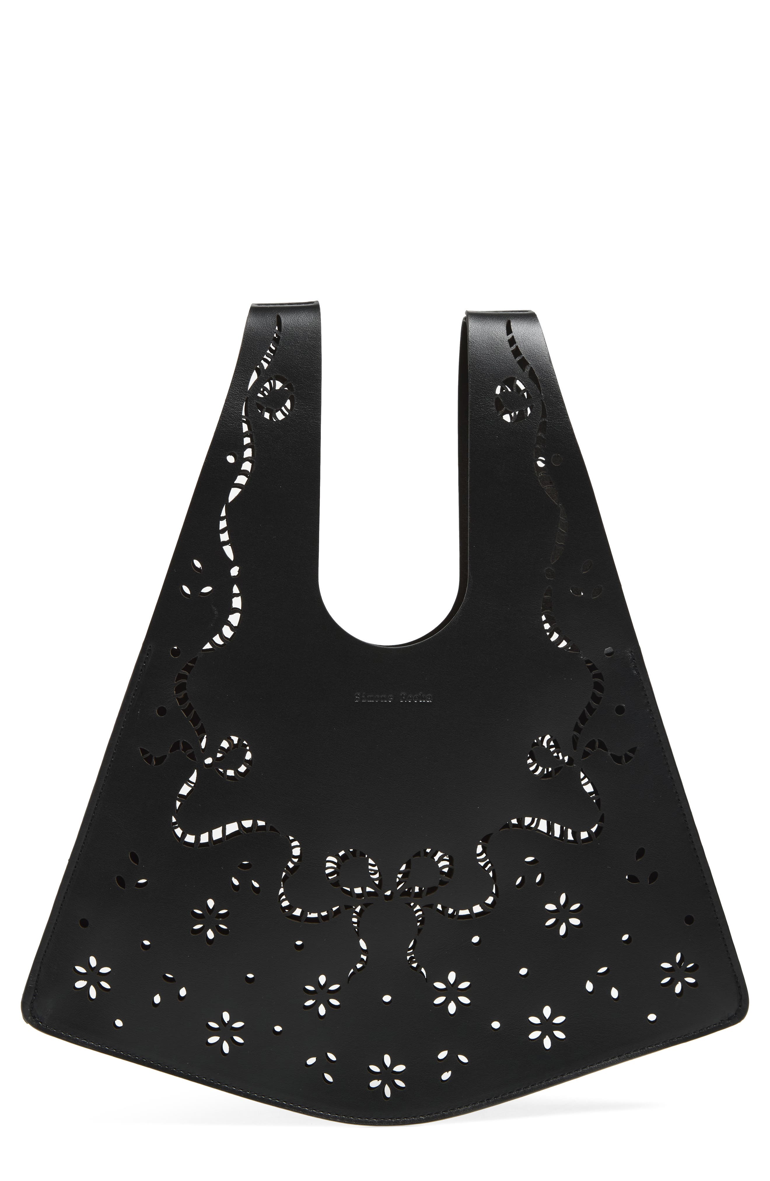 Mini Lasercut Leather Shopper, Main, color, BLACK