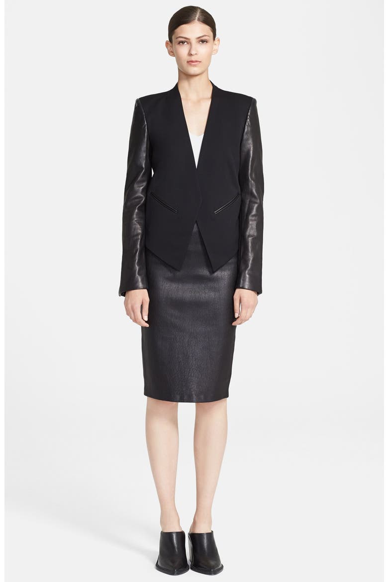 'Smoking' Leather Sleeve Tuxedo Jacket, Main, color, BLACK