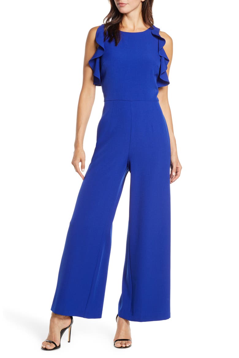 Crepe Ruffle Trim Wide Leg Jumpsuit, Main, color, COBALT