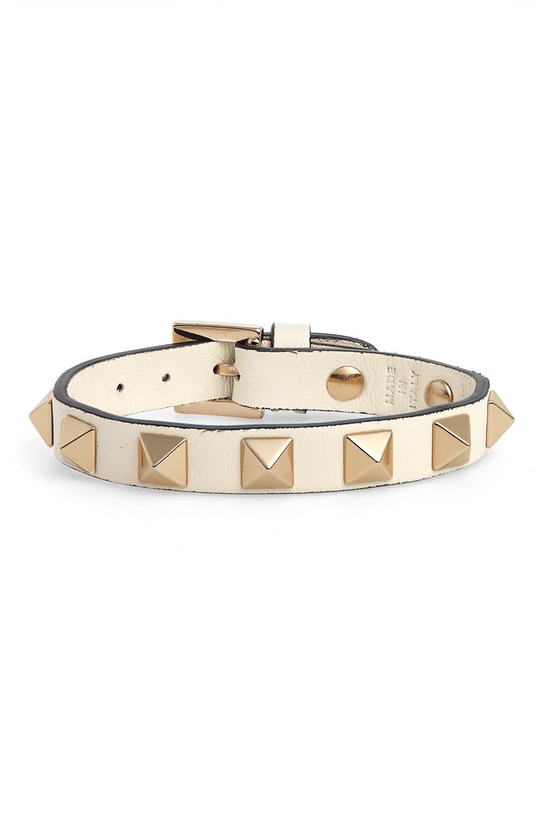 Rockstud Small Leather Bracelet, Main, color, LIGHT IVORY