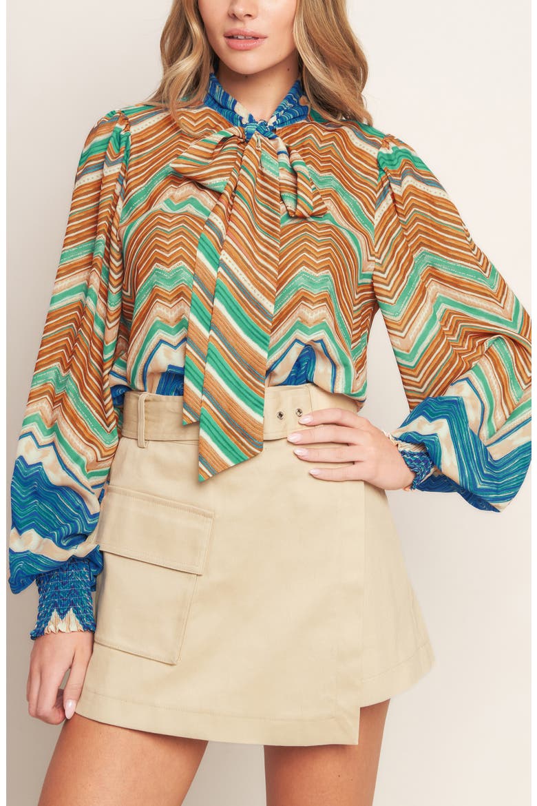 Tie Neck Long Sleeve Top, Alternate, color, TURQUOISE BLUE