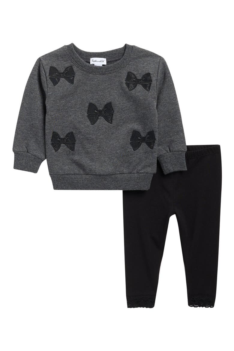 Lacy Bow Cotton Blend Sweatshirt & Leggings Set, Main, color, HEATHER CHARCOAL