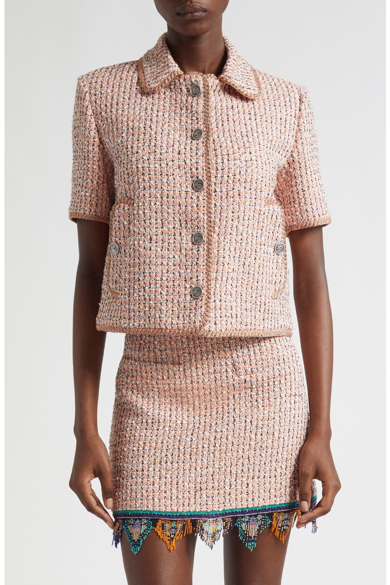 Short Sleeve Crop Tweed Jacket, Main, color, MULTICOLOR ORANGE BASE