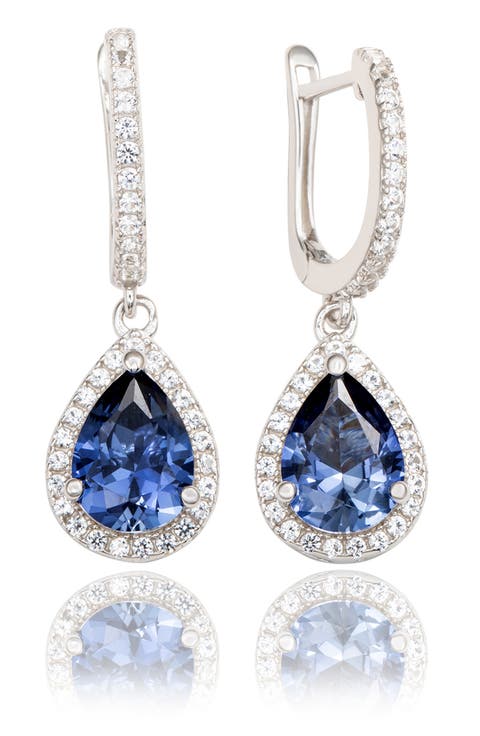 Sterling Silver Pear Shape Sapphire & Lab Grown White Sapphire Drop Earrings