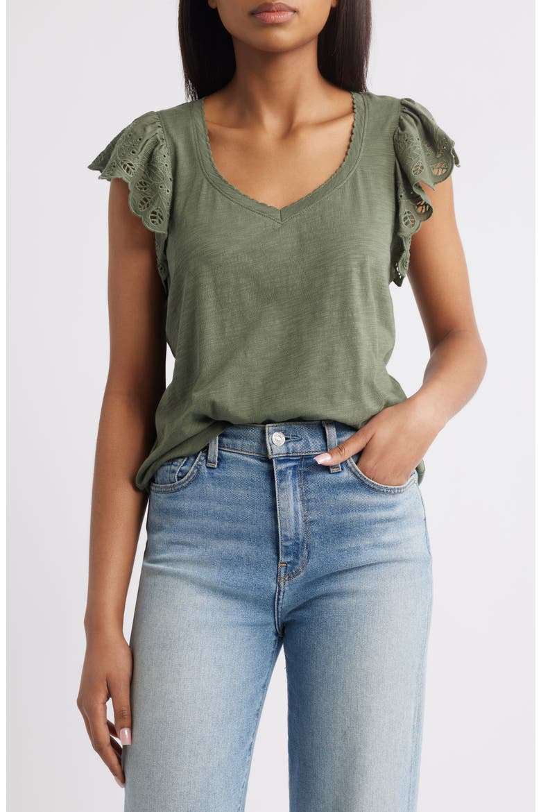 Eyelet Flutter Sleeve Jersey T-Shirt, Main, color, OREG-OREGANO