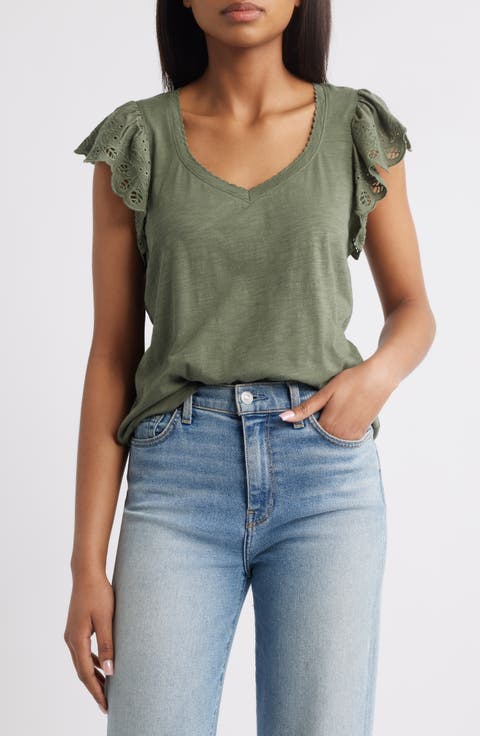 Eyelet Flutter Sleeve Jersey T-Shirt