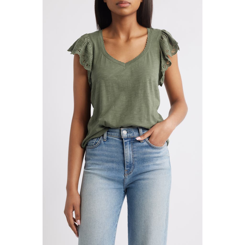 Wit & Wisdom Eyelet Flutter Sleeve Jersey T-shirt In Green