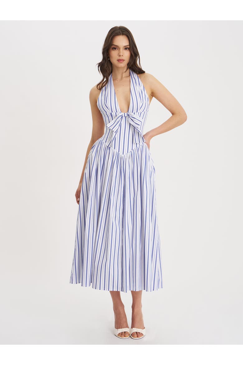 Mackenna Stripe Halter Smock Back Maxi Dress, Alternate, color, Navy beach-style stripe