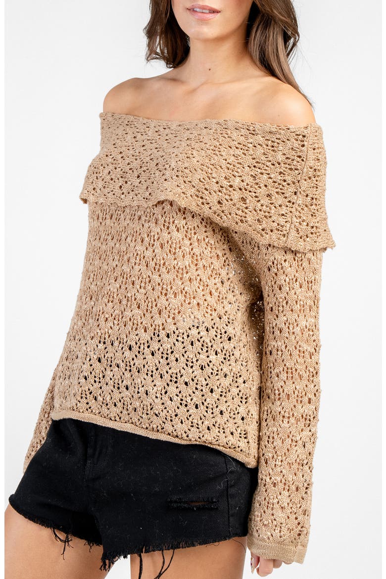 Off the Shoulder Open Stitch Sweater, Alternate, color, TAUPE