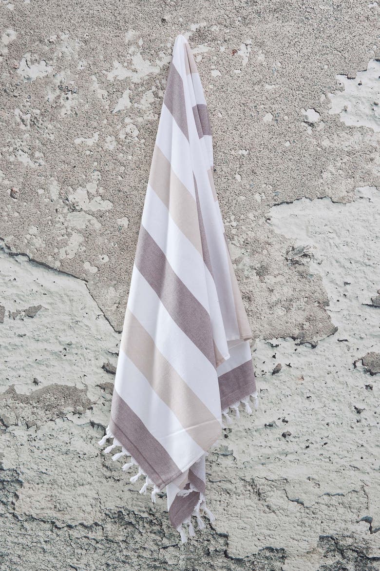 Kapris Striped Organic Turkish Towel with Soft Terry Cloth Back, Alternate, color, Brown