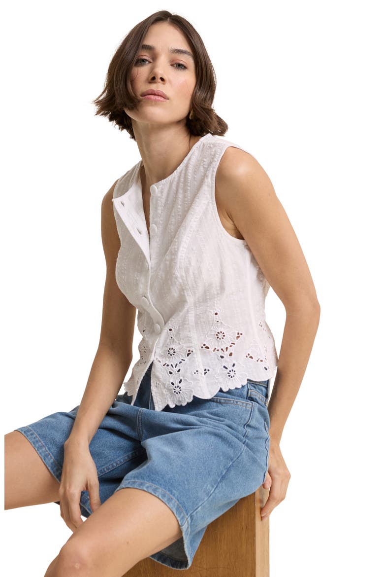 Layla Eyelet Cotton Button-Up Top, Alternate, color, WHITE