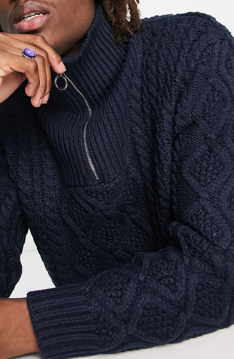 Topman Cable Stitch Quarter Zip Sweater, Alternate, color,