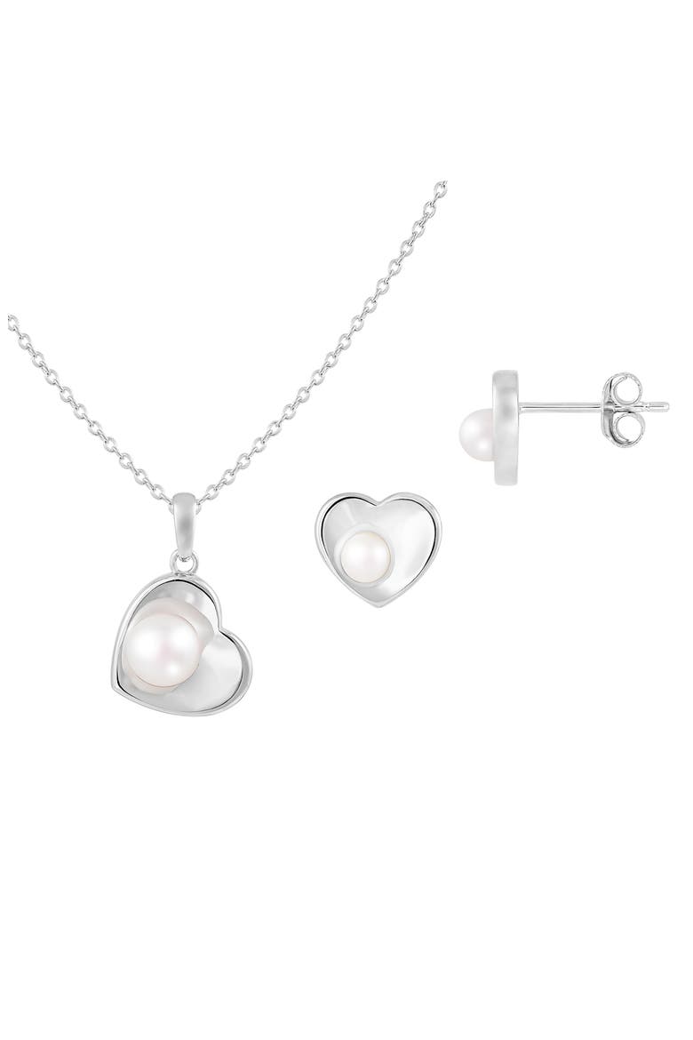 7–7.5mm Cultured Freshwater Pearl Heart Stud Earrings & Necklace Set, Main, color, WHITE