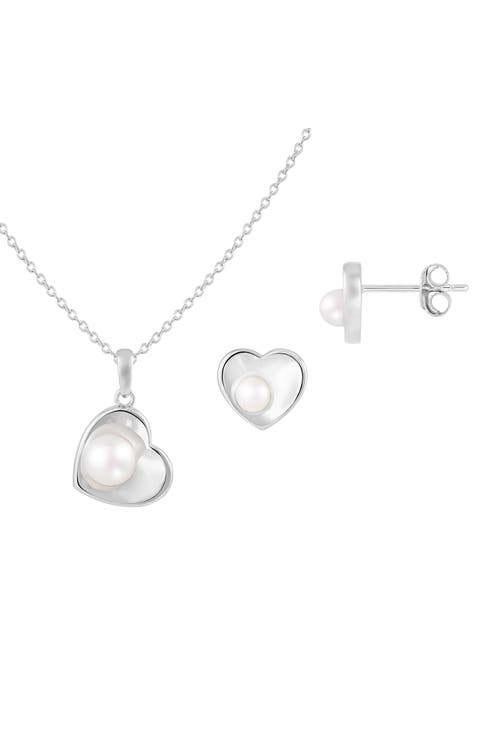 7–7.5mm Cultured Freshwater Pearl Heart Stud Earrings & Necklace Set