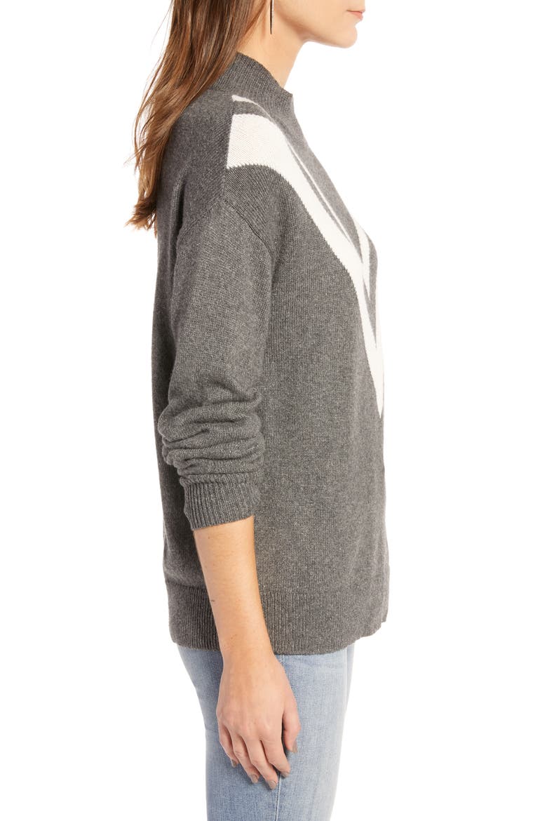 Contrast V-Stripe Funnel Neck Sweater, Alternate, color, GREY DK HEATHER- IVORY COMBO