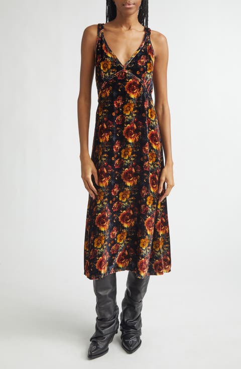 Grunge Floral Velvet Midi Dress