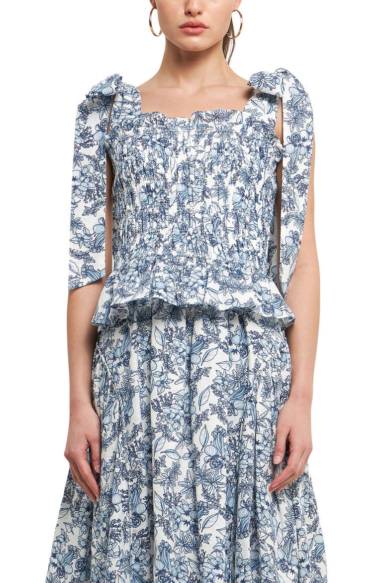 Smocked Tie Shoulder Linen Blend Tank, Alternate, color, BLUE