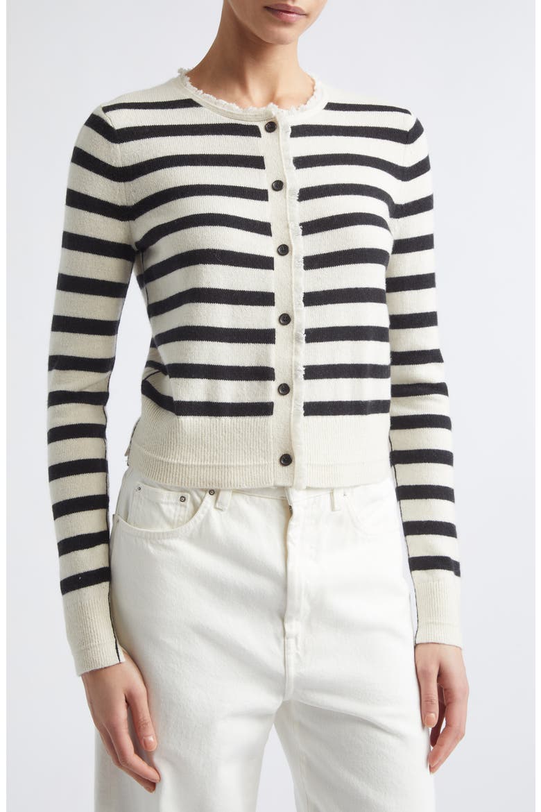 Fringe Trim Stripe Cashmere & Organic Cotton Cardigan, Alternate, color, IVORY/ BLACK STRIPE