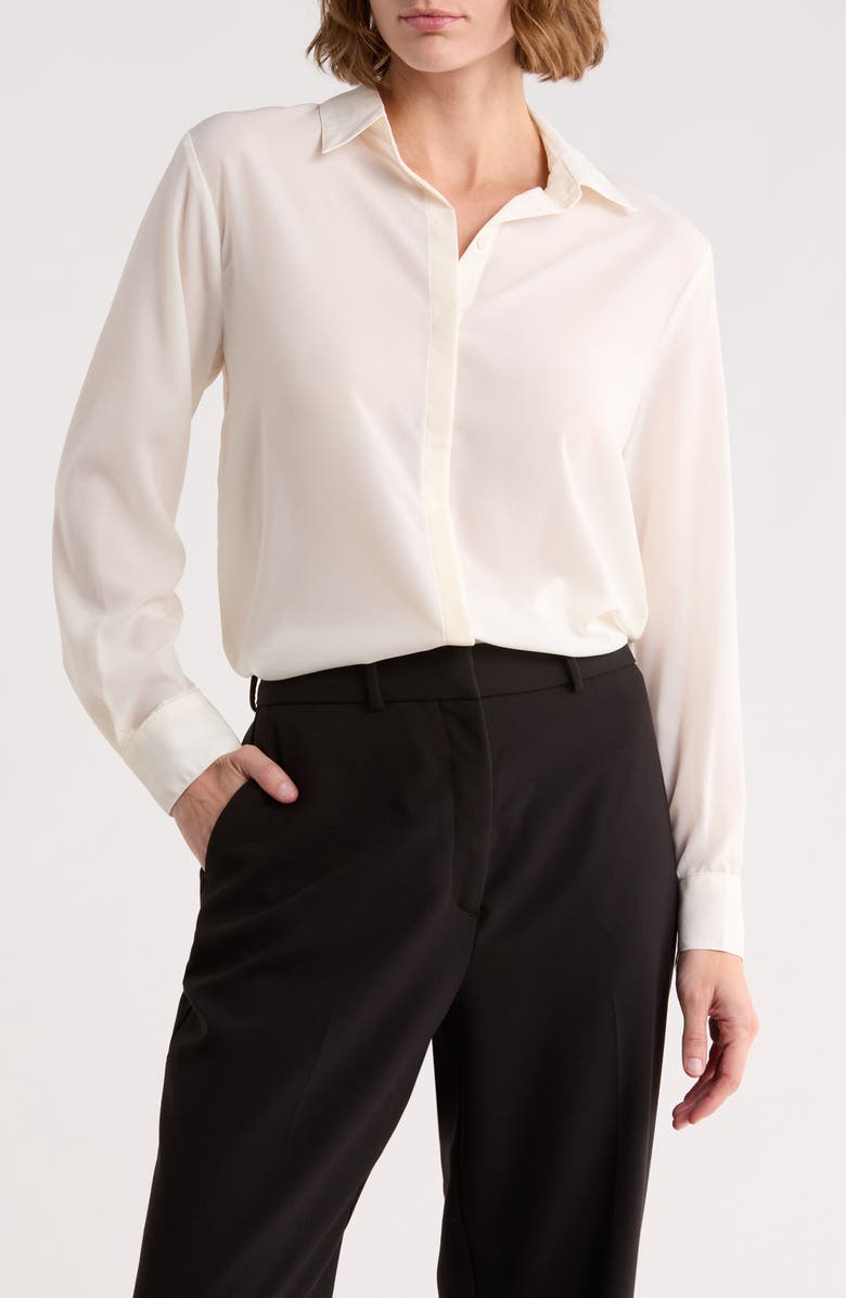 T Tahari Hidden Placket Long Sleeve Shirt, Main, color, Egret