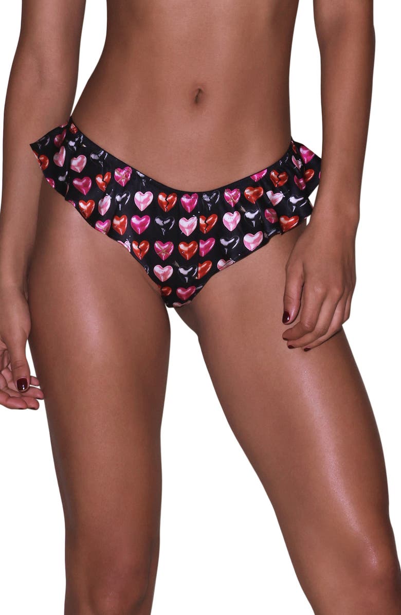 Fleur Du Mal Luxe High Leg Flutter Silk Blend Thong, Main, color, Black Mini Heartbreaker Print