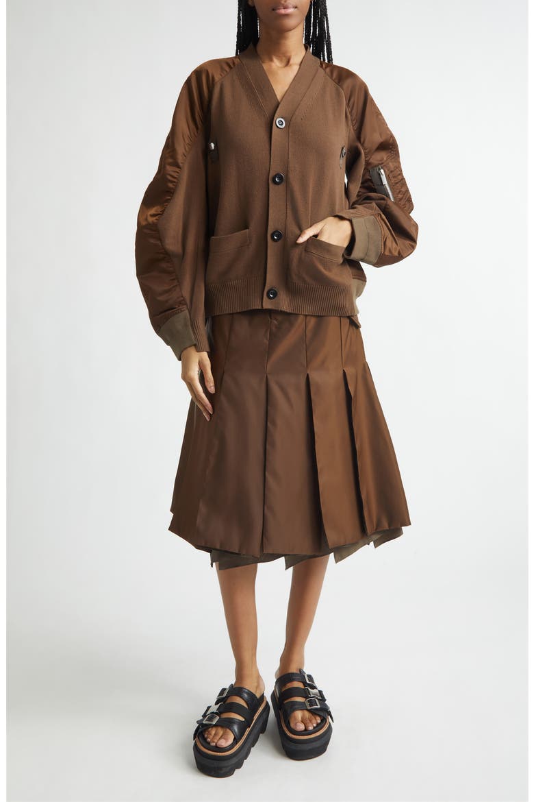 Mixed Media Knit & Nylon Twill Cardigan, Alternate, color, BROWN