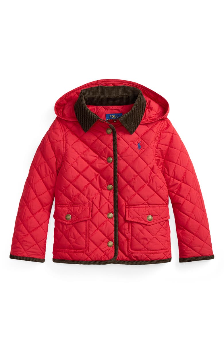 Polo Ralph Lauren Water Repellent Quilted Jacket with Removable Hood, Main, color, Ralph Red